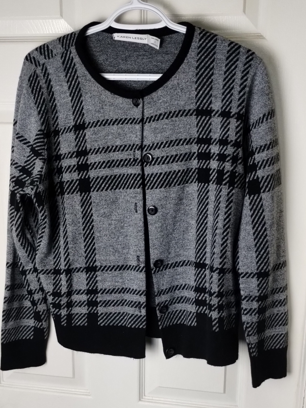 Karen Lessly Plaid Button Up Cardigan Knit Sweater Grey/Black Vintage Size L